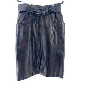 VTG Black Leather Midi Skirt 10 High Waist Tie Belt The Row Inspired